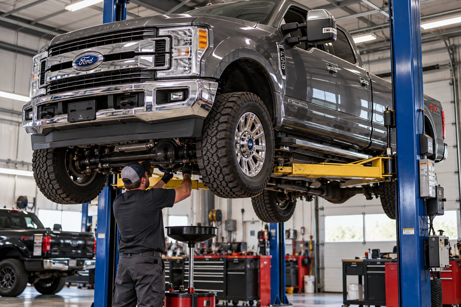 Technician servicing a Ford Super Duty diesel pickup on a lift