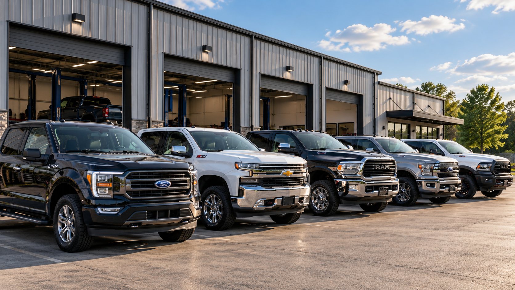 Row of pickup trucks parked outside the Mechanic Services shop