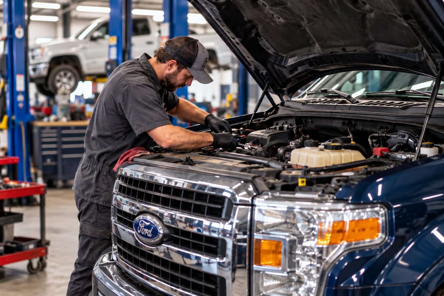 Technician working under the hood of a pickup truck