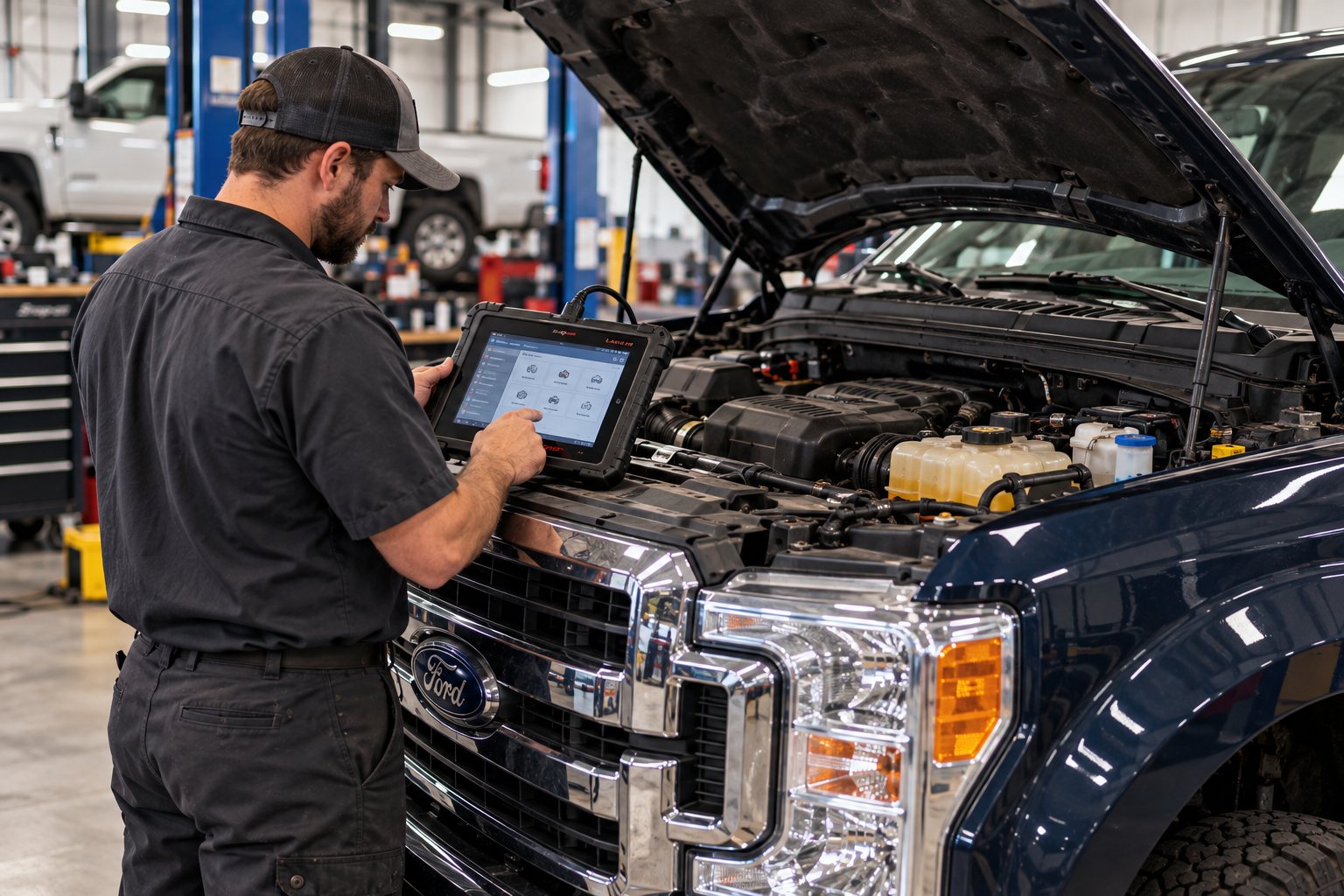 Technician diagnosing a diesel truck with a scan tool